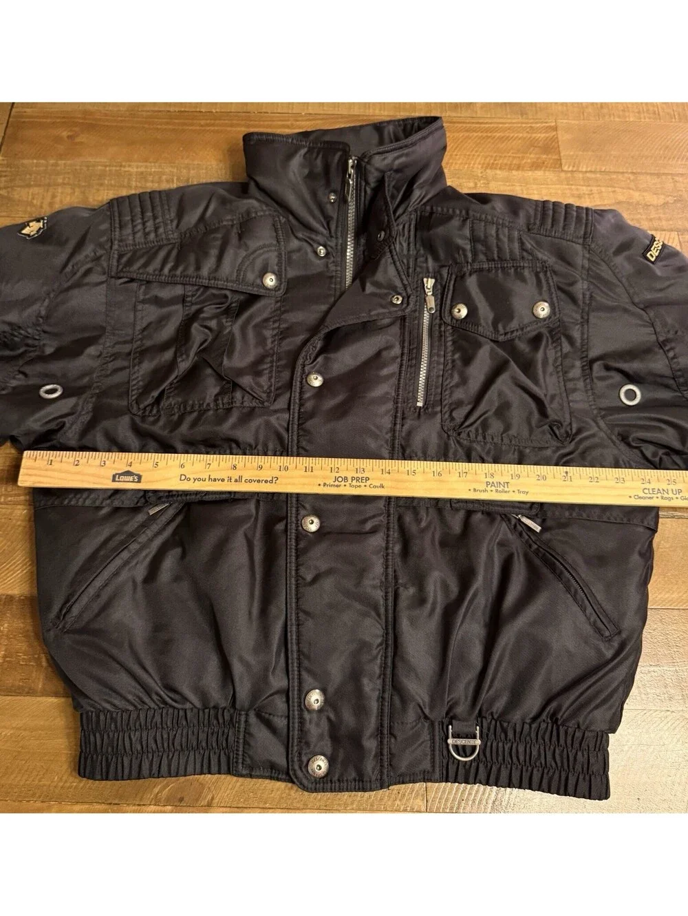 Descente Ski Jacket Insulated Full Zip Stowaway Hood Size L Black Vintage Y2K